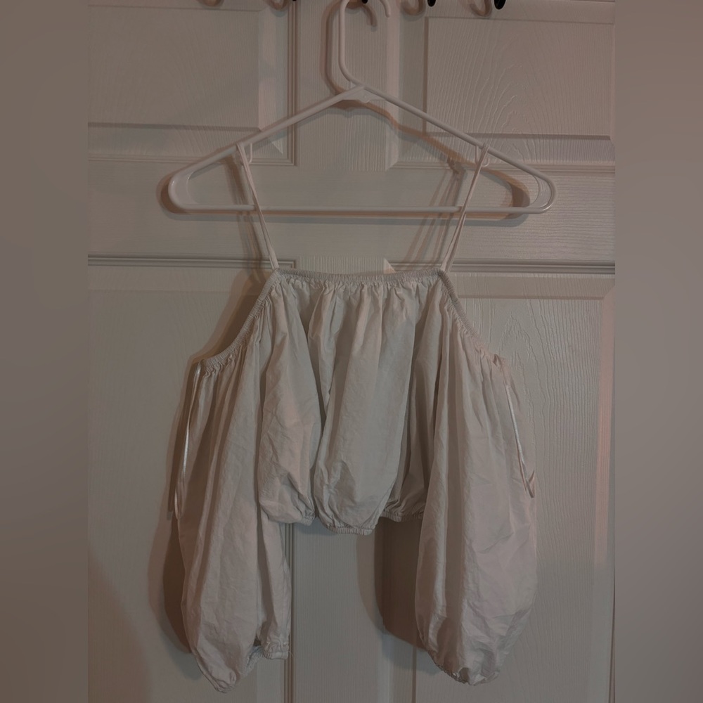 White, off the shoulder, puffy sleeved top